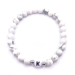 Black and white Initial K natural howlite stone stretch bracelet